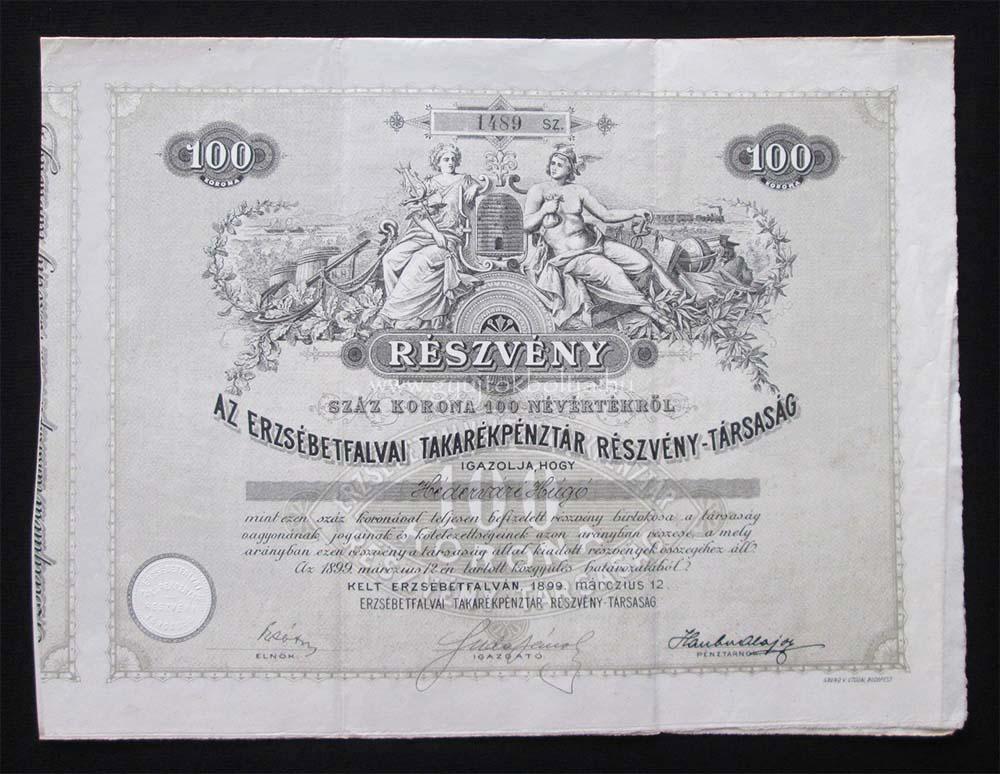 Erzsébetfalvai Takarékpénztár részvény 100 korona 1899